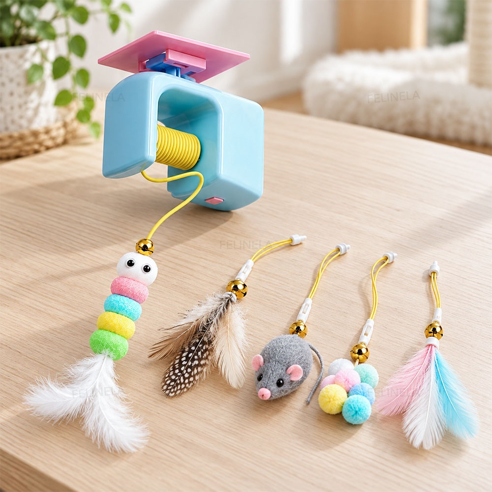 Automatisches Katzenspielzeug mit austauschbaren Anhängern: Raupe, Federn, Maus und Pompons