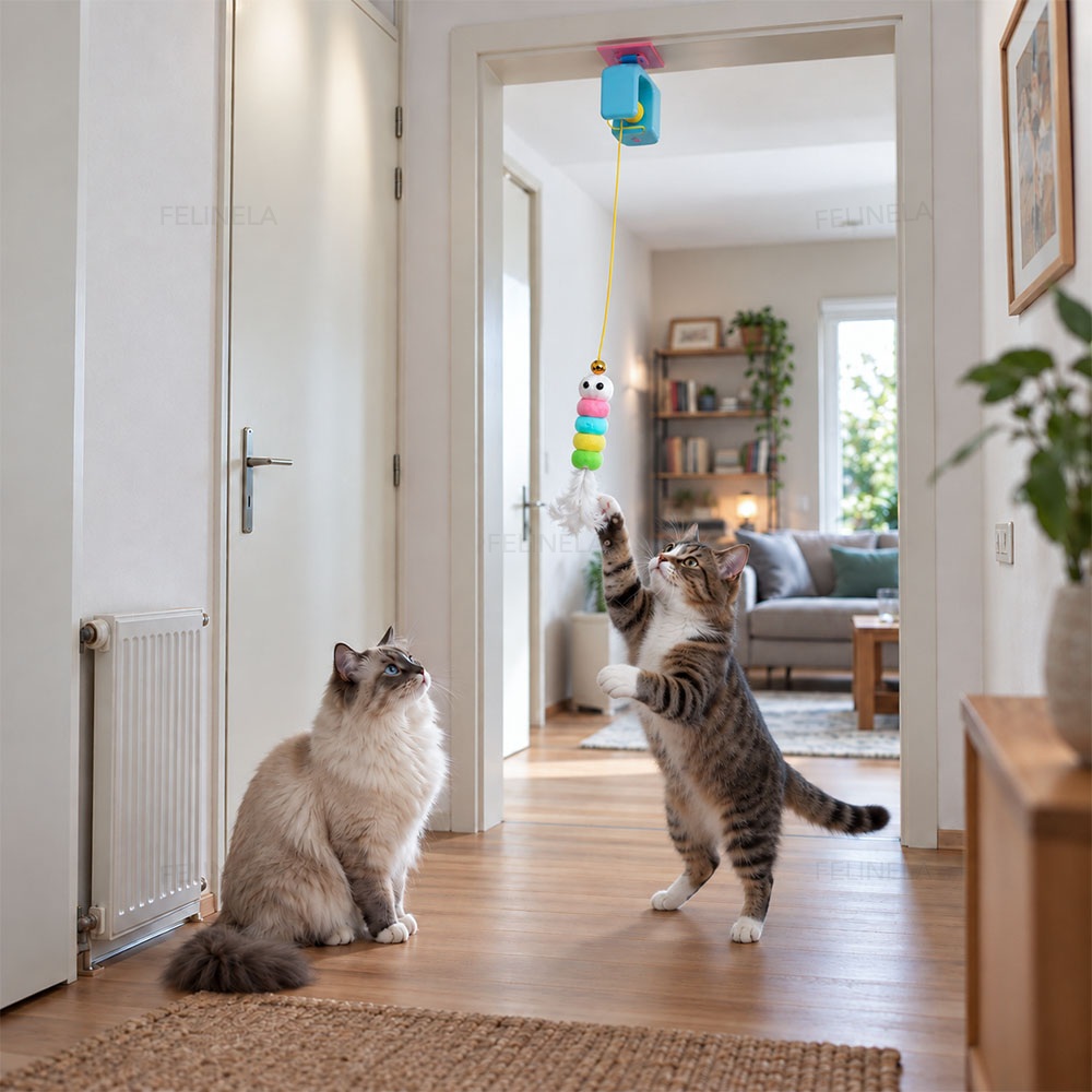 Zwei Katzen am aufgehängten Spielzeug im Türrahmen: Eine sitzt, die andere steht auf den Hinterpfoten